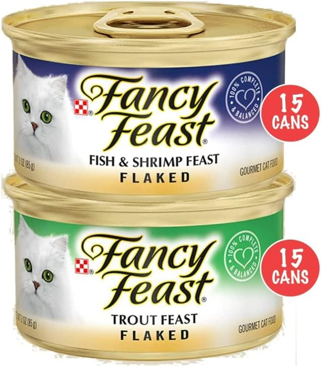 Miniatura 2 de Paquete variado de 30 latas de comida húmeda para gatos Fancy Feast en hojuelas, incluye un juguete de ratón (pescado en copos y camarones y trucha