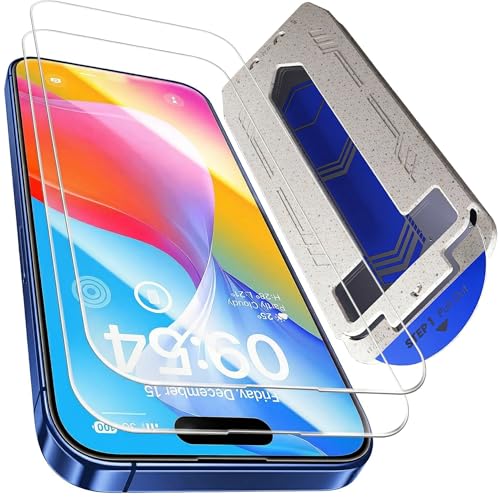 Image of Mr.Shield Align-X Tempered Glass Screen Protector for iPhone 16 and 15 | (2 Pack) 10H Hardness Guard, Military Grade Protection, Easy Install, Case-Friendly, Anti-Static
