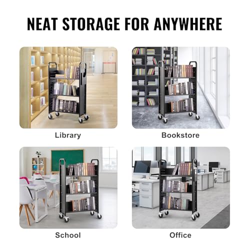 Image of VEVOR Book Cart, 330 lbs Library Cart, 31.1 inch x 15.2 inch x 49.2 inch Rolling Book Cart, Single Sided V-Shaped Sloped Shelves with 4-Inch Lockable Wheels for Home Shelves Office and School, Book Truck in Black