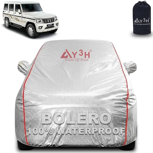 Image of 100% Waterproof Car Cover Compatible with Mahindra Bolero Old | All Weather, Dust Proof, UV Protective with Mirror Pocket (Silver Magic)