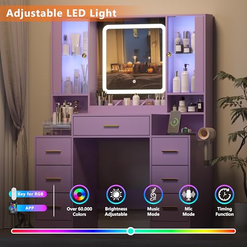 Image of Wodeer Purple Makeup Vanity Desk with Mirror & Lights, Modern Vanity Table with Charging Station, 7 Drawers, Glass Cabinet, Adjustable Shelves, Bedroom Dressing Table Set for Women & Girls