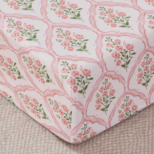 Image of Brandream Organic Cotton Crib Fitted Sheets for Baby Girls Fit Crib /Toddler Bed | French Country Pink Floral Trellis, Grandmillennial Cottagecore Style Super Soft Cotton Baby Nursery Bed Sheet