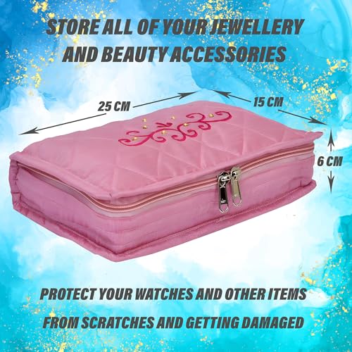 Image of Kuber Industries Embroidery Design Satin Jewellery Pouch Cum Makeup Box, Pack of 2 (Green & Pink)