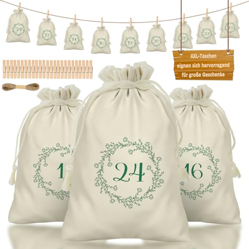 Calendrier de l'Avent XXL à remplir avec 24 sacs en tissu beige et pinces