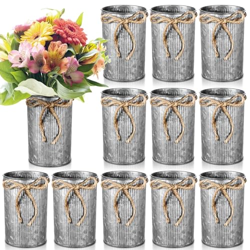 YBEATY 12PCS Galvanized Farmhouse Flower Vase with Twine Bow, 4.33 Inch High Metal Vintage Decorated Vase Rustic Floral Pots Buckets for Artificial Flowers Home Table Centerpiece Weddings Decor
