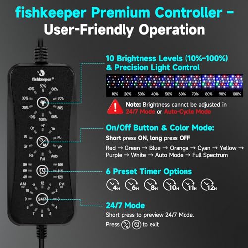 Image of fishkeeper LED Aquarium Light, 24 /7 Mode Aquarium Light for Plant Growth, IP68 Waterproof Adjustable Timer(4H /6H /8H /10H /11H /12H) /10 Brightness & 10 Colors Extendable Bracket for 12-18 Inch Fish Tank