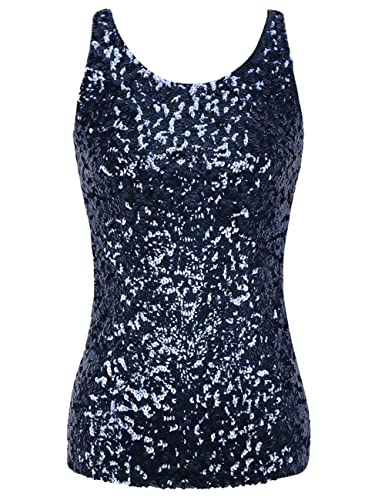 PrettyGuide Women Shimmer Glam Sequin Embellished Sparkle Tank Top Vest Tops L Navy