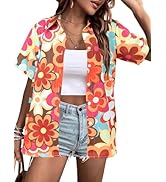 Vintage Hawaiian Shirt Woman 60s 70s Outfit Disco Hippie Party Shirts Floral Button Up Short Slee...