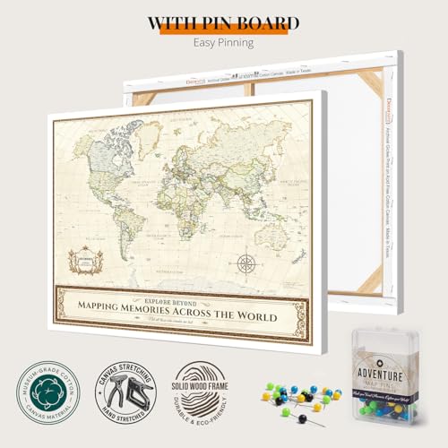 Image of DECORARTS - Large World Travel Map with Pins, Pin Board Canvas Wall Art, Colorful Classic Maps for Wall, Giclee Print on Canvas, Handcrafted in USA, 35x28''