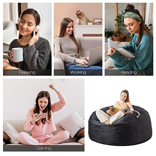 Whatsbedding [Removable Outer Cover] 4 Ft Bean Bag Chairs For Adults With Filling,Stuffed Memory Foam Bean Bags With Filler,Soft Velvet Bean Bag Furniture For Teens,Washable,4 Foot,Black #TOP6