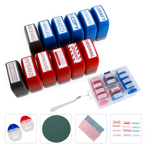 Self Inking Stampp Set 12 Pack - Red & Blue Ink for Office, Business Documents | Pre-Inked Rubber Stamps (Copy, Paid, Draft) | Professional Business Stamps for Paperwork & Emails & Records & Emails