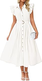 Women's 2025 Summer Boho Button Midi Dresses Casual V Neck Flutter Sleeve Belted Long Dresses with Pockets - Buy now