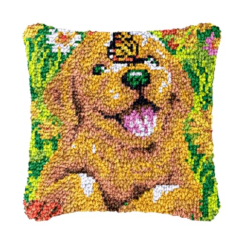 Image of bositigo Latch Hook Kits for DIY Throw Pillow Cover, Colorful Handmade Pillow Case for Home Decoration, Festival Gift 17x17inch (Golden Retriever1)