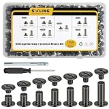 SVLING 155 Sets Black Chicago Screws Leather Rivets Kit, 7 Sizes (M5*4,5,6,8,10,12,15) with 3 Metal Screw (M4*3,4,5) Use for Leather Crafts,Belts,Bags,Clothing,Shoes,Books