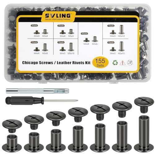 SVLING 155 Sets Black Chicago Screws Leather Rivets Kit 7 Sizes (M5*4 5 6 8 10 12 15) with 3 Metal Screw (M4*3 4 5) Use for Leather Crafts Belts Bags Clothing Shoes Books