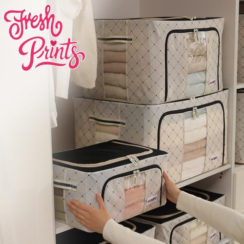 Image of HOKIPO 24L Folding Storage Box and Organiser for Clothes, 600D Oxford Fabric Storage Box, Ivory Noir Pack of 2 (AR-6484-BLK*2)