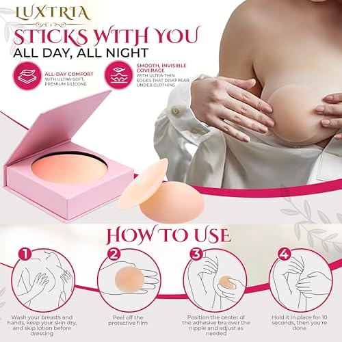 Nipple Covers For Women No Show Sticky Silicone Nipple Covers Reusable Ultra Thin Pasties, Waterproof For A-C Cups with Travel-Box Nude2