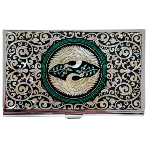 Image of Mother of Pearl Business Card Case Credit Id Name Holder Travel Wallet Art Painting Design Metal Stainless Steel Engraved Slim Purse Pocket Cash Money Wallet -Crane-(Kiss)