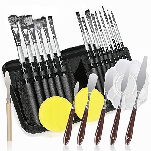 Allnice Paint Brush Set, 15Pcs Artist Paint Brushes + 6Pcs Palette Scrapers + 2 Sponge Balls + 1 Palette with Portable Carrying Case for Acrylic Oil Watercolor Creative Body Paint