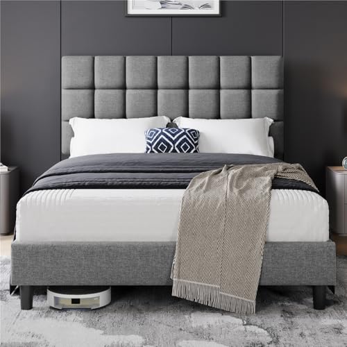 Yaheetech Cama Tapizada de 140 x 200 cm Cama de Matrimonio con Cabecero Regulable en Altura Marco de Cama Tapizado Estable con Listón de Madera, Color Gris Claro