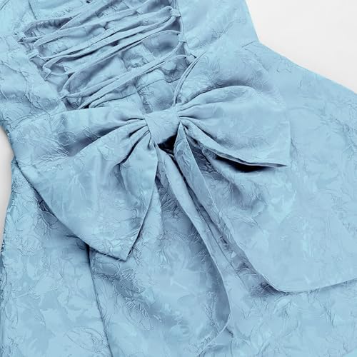Image of BNGD Women's Solid Color Bustier Backless Bow Dress Sexy Jacquard Strappy Mini Skirt(Blue,Medium)