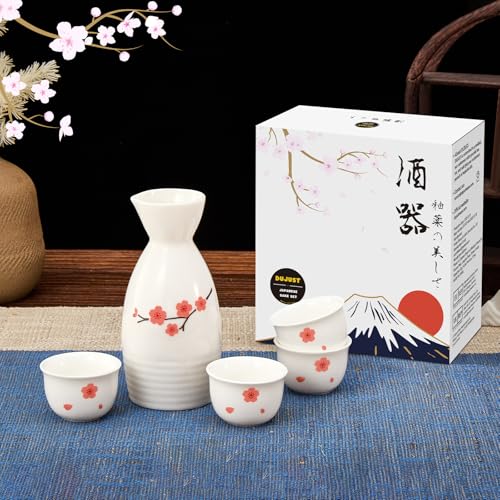 DUJUST 5 pcs Japanese Sake Set Traditional Sakura Design Sake Serving Set 1 Sake Bottle with 4 Sake Cups Japanese Style Sake Set for Home/Party Ideal Japanese Gifts for Sake Lovers - White