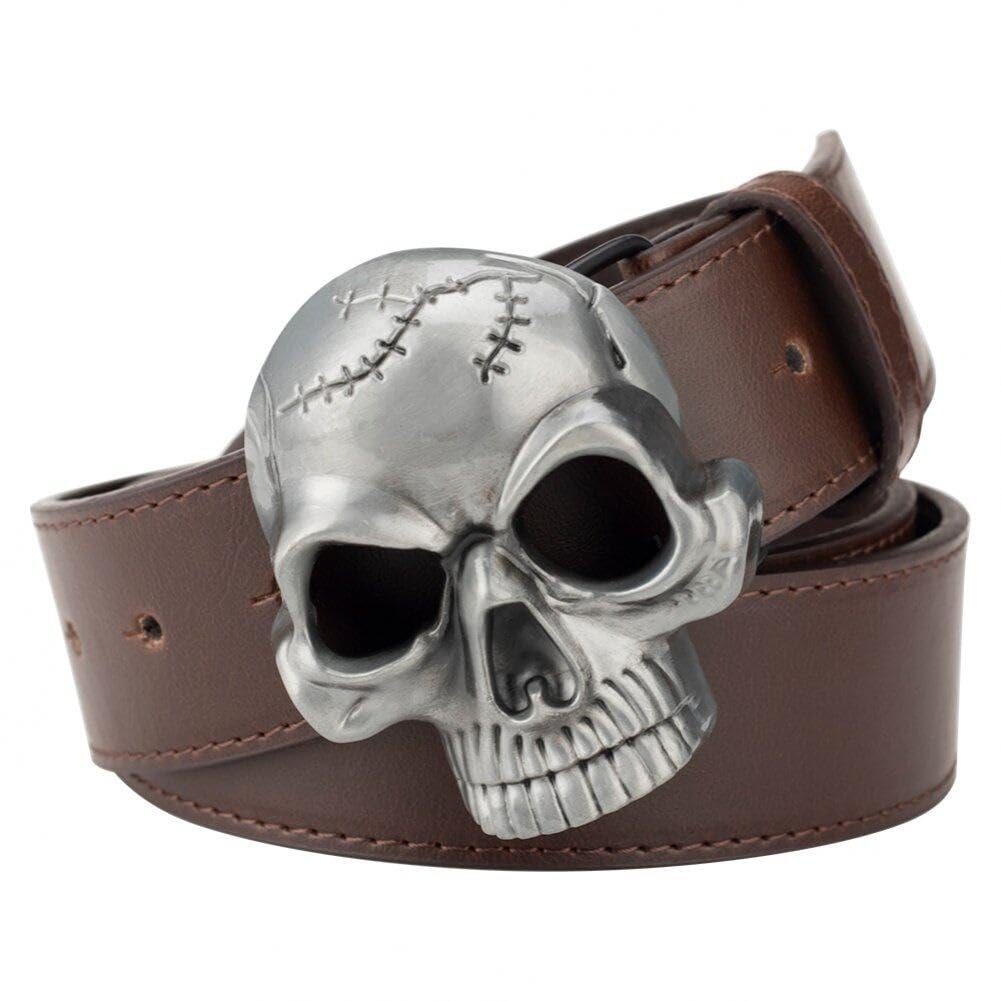Danlai Men's Brown Belt Skull Buckle Leather Waistband Casual Alloy Ghost Head Buckle Decorative Belt Halloween