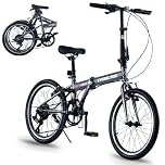 LSBIKE 20Inch Folding Bike Bicycle 7 Speed Drivetrain City Road Bike for Adult Lightweight Seat & Handlebar Height Adjustable Carbon Steel Frame Double V-Brake for Men Woman Teenager (Grey)
