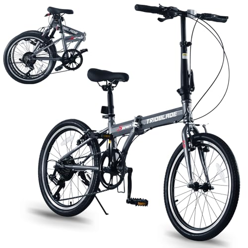 LSBIKE 20Inch Folding Bike Bicycle 7 Speed Drivetrain City Road Bike for Adult Lightweight Seat & Handlebar Height Adjustable Carbon Steel Frame Double V-Brake for Men Woman Teenager (Grey)