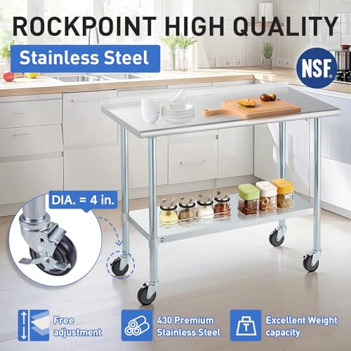 Image of Stainless Steel Table for Prep & Work with Caster & Backsplash 24x60 Inches, NSF Metal Commercial Kitchen Heavy Duty Table with Adjustable Under Shelf and Table Foot for Restaurant, Home and Hotel