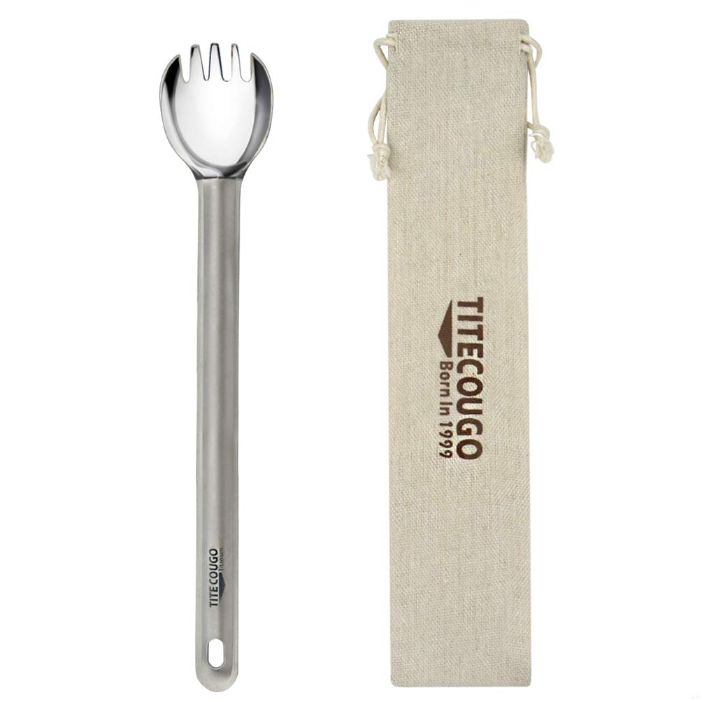 TITECOUGO Titanium Spork, Camping Long Spork Titanium Reusable Multitool Lightweight Camp Outdoors Hiking Travel Convenient Picnic Spoon Fork for Men Women Annvchi Portable Flatware 1 Pack