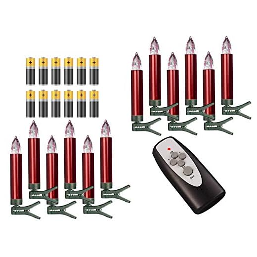 Set med 12 julgransljus trådlös tidtagare dimbar funktion ?flänsläge ?GS testad ?C batterier ?C julbelysning för inomhus & skyddad utomhus (röd)