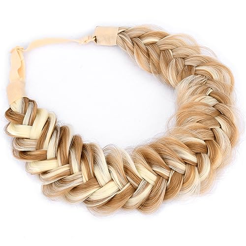 BOBIYA Messy Wide 2 Strand Synthetic Hair Braided Headband Classic Chunky Plaited Hair Headband (Highlighted Ginger Brown)