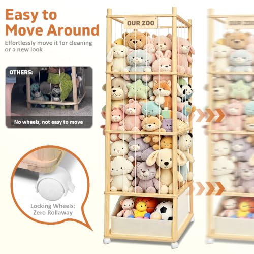 Image of Large Stuffed Animal Storage with Toys Tray, Wood Stuffed Animal Zoo Storage with Brake Wheels, Large Capacity Stuffed Animal Holder, Perfect for Nursery Playroom Kidroom Bedroom