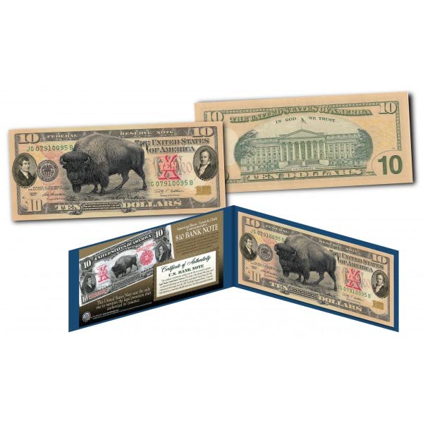 Bison Buffalo Lewis & Clark 1901 Design Uncirculated New Ten Dollar Bill Special Edition Collectible Display Holder and Certificate