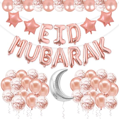 Image of Rozi Decoration Rose Gold Eid Mubarak Decorations Foil Balloon for Home, Shop, Office, Garden, Lawn, Eid Party Decoration Items | Eid Mubarak Decorations Items Pack of 35 Pcs