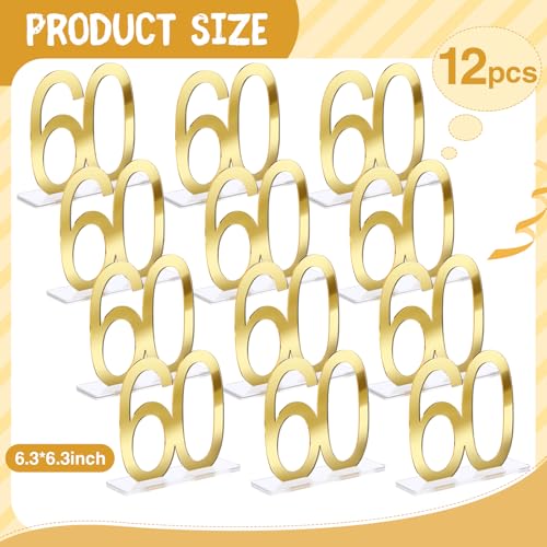 Image of Threehoney 12 Pcs Mirror Gold 60th Birthday Decorations for Men and Women Acrylic Anniversary Decorations Table Numbers Centerpieces for Birthday Party