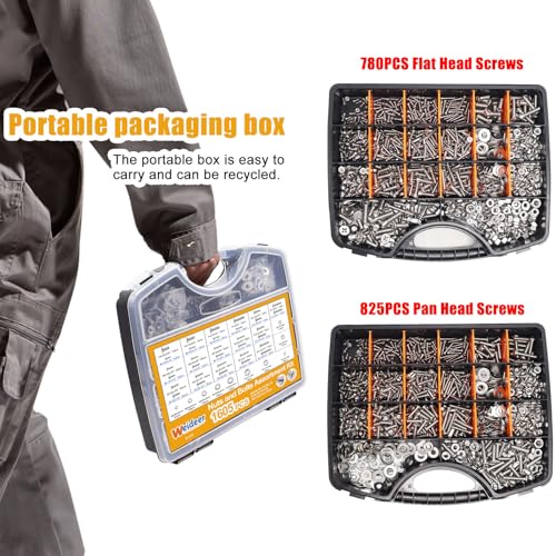 Image of weideer 1605PCS Machine Screws Assortment Kit, 304 Stainless Steel Nuts and Bolts,Phillips Pan Head and Flat Head Screws with Nuts, Bolts,Washers,Organizer Box #4-40#6-32#8-32#10-24#1 /4-20