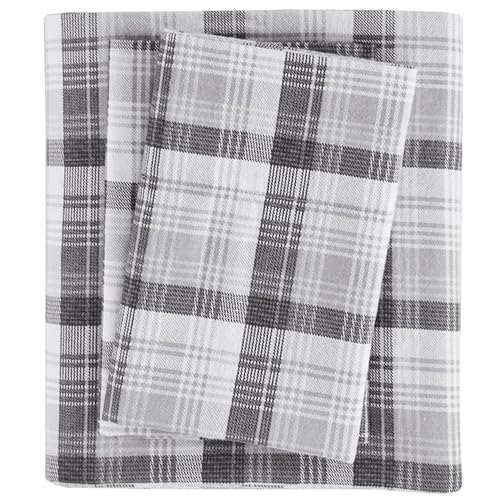 Image of Woolrich Cotton Sheet Set Cottage Charms Print, 100% Cotton Flannel Sheets Warm & Fuzzy Bedding Set Cal King Size Sheets, Fitted Pocket Fits Up to 14 inch Mattress, Cal King Grey Plaid, 4 Piece