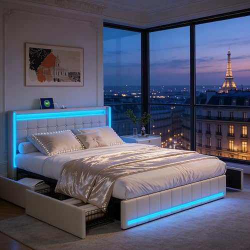 BRYXR Lit 180x200 avec Sommier et LED, Cadre de Lit Double avec 4 Tiroirs sur roulettes, Tête de Lit en Lin avec Ports USB et Type-C, Structure Robuste pour Chambre,...
