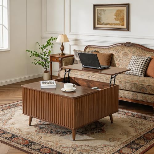 Image of Lift Top Coffee Table with Storage, Square Coffee Tables with Lifting Top and Hidden Compartment, Mid Century Modern Fluted Center Table for Living Room, Home Office, Studio, Walnut
