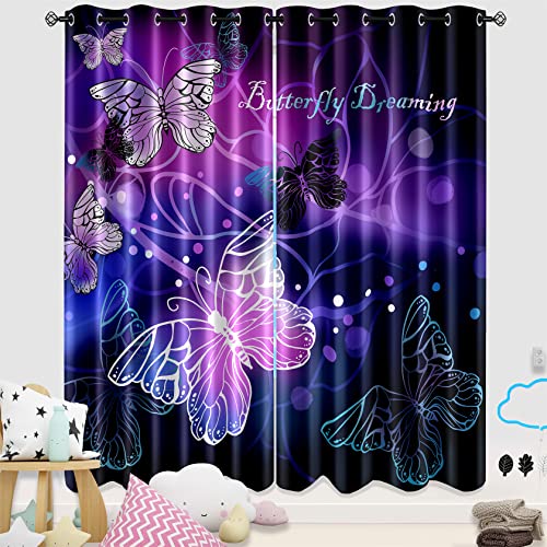 Butterfly Window Curtain Panels Purple Blackout Girls Curtains for Bedroom 2 Panels Curtains 84 inch Length for Girls Bedroom Nursery Room Grommet Top Thermal Insulated Curtains, 82" x 84"
