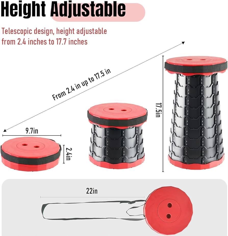 Image of IKURAM Retractable Folding Stool Portable Telescopic Stool Seat Sturdy Lightweight Adjustable Chair Foldable Outdoor Plastic Stools for Camping Hiking BBQ Fishing Garden Indoor Max 396lbs