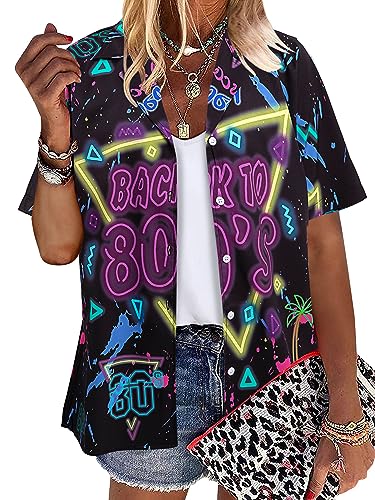 MYHALF 80s Outfit for Women 80'S Neon Shirts 80s 90s Themed Party Outfits Retro Button Down Short Sleeve Clothes Top2