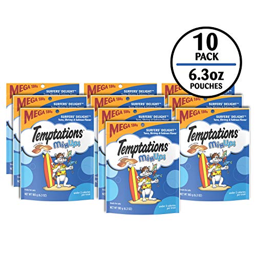 Image of Temptations MixUps Crunchy Cat Treats, Surfer's Delight, 6.3 oz, 10 Pack | Tuna, Shrimp & Salmon flavors, under 2 calories per treat, resealable value-sized pouch, crunchy outside soft inside