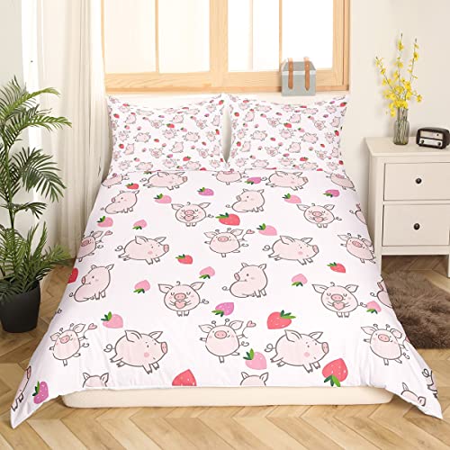 Feelyou Pig Print Duvet Cover Queen Size Cartoon Pigs Comforter Cover Lovely Animal Print Bedding Set Strawberry Pink Bedspread Cover for Kids Boys Girls Adults with 2 Pillow Case