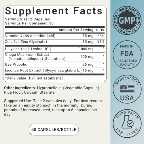 Image of Lysine Cold Sore Treatment for Lips with VIT C - Supercharged Lysine 1000mg Capsules & Cold Sore Relief Blend with Chaga, Bee Propolis, Zinc & Licorice Root for Skin, Gut Health & Immune Support