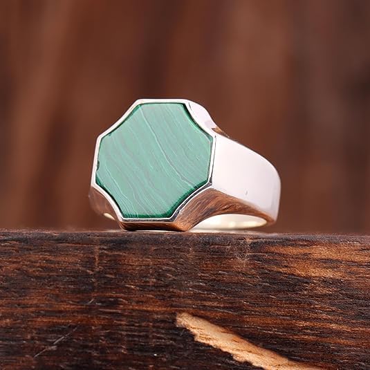 Genuine Malachite Ring 14k Gold Vermeil Gemstone Handmade Jewelry Signet Ring for Men Gift for Him Statement Jewelry Men's Malachite Ring