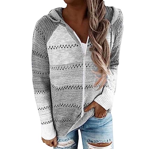 Sweaters for Women Color Block Crochet Sweater Zip Up Hooded Cardigan Lightweight Drawstring Tops with Hood
