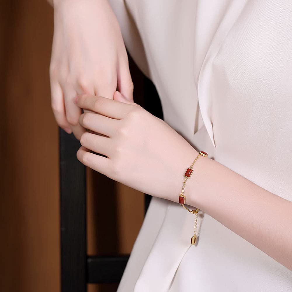 Girls Accessories Bracciale in Argento Sterling 925 Vintage per Donna Semplice Placcato in Oro Agata Rossa Geometria Gioielli Classici Fascino Spiaggia Estiva Birthday Gift
